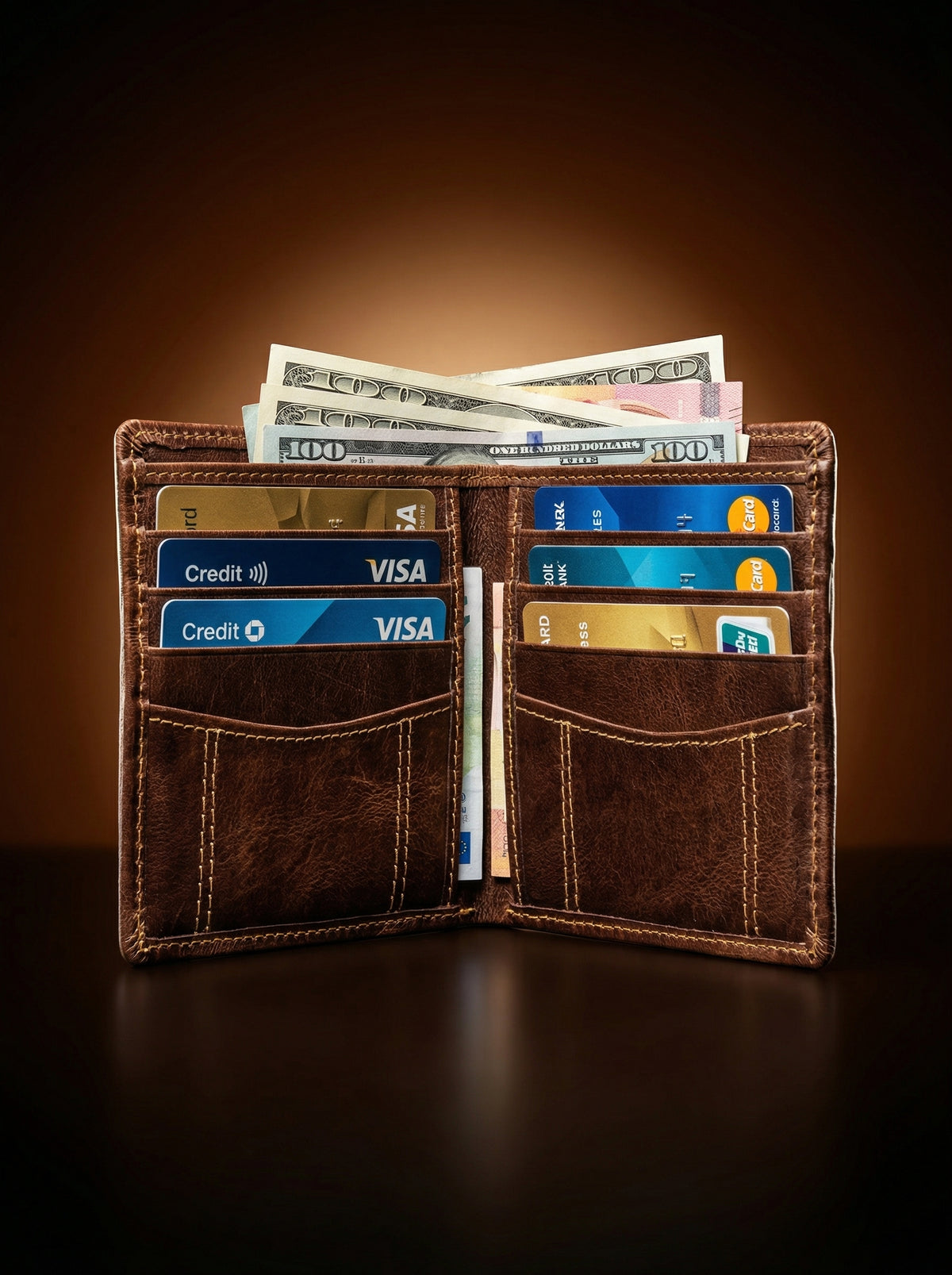 Distressed Dark Brown Leather Bifold Wallet