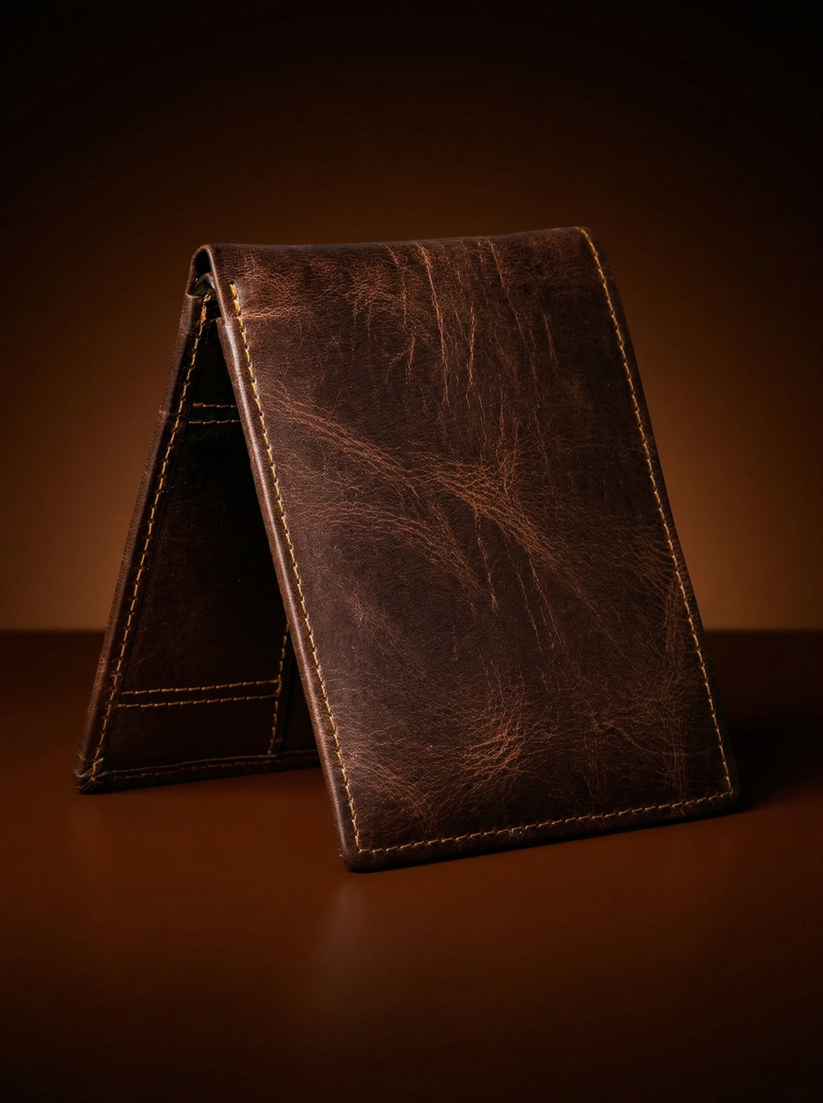 Distressed Dark Brown Leather Bifold Wallet