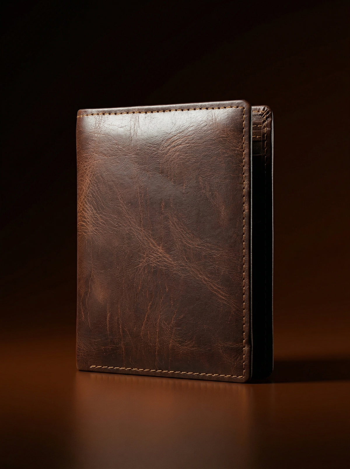 Distressed Dark Brown Leather Bifold Wallet